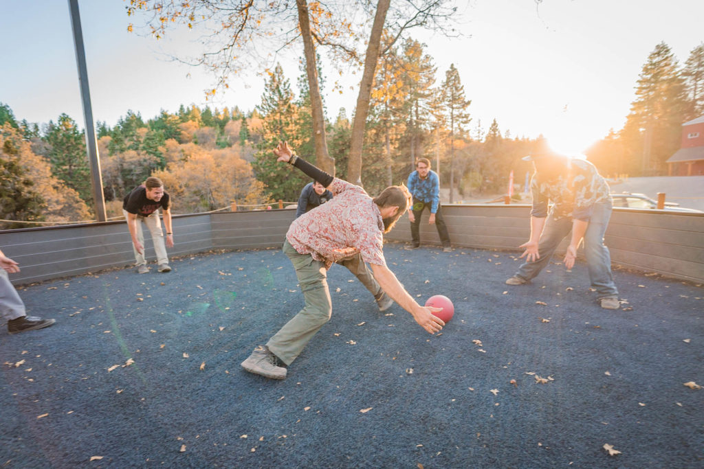 A group of people playing Gaga Ball.