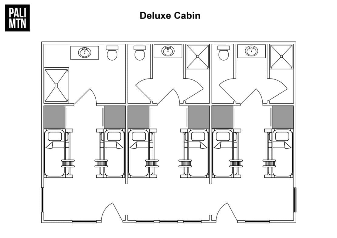 Pali’s deluxe cabin floorplan: six twin bunk beds and three separate bathrooms, each with a toilet, sink, and shower.